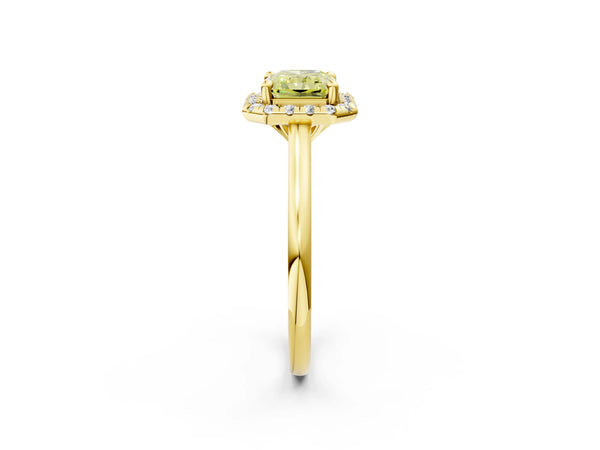 Yellow gold Fancy Yellow Radiant Cut Halo Round Diamond Solitaire Engagement Ring with Pave Band and Four-Prong Setting