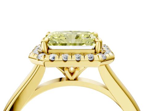 Yellow gold Fancy Yellow Radiant Cut Halo Round Diamond Solitaire Engagement Ring with Pave Band and Four-Prong Setting_16