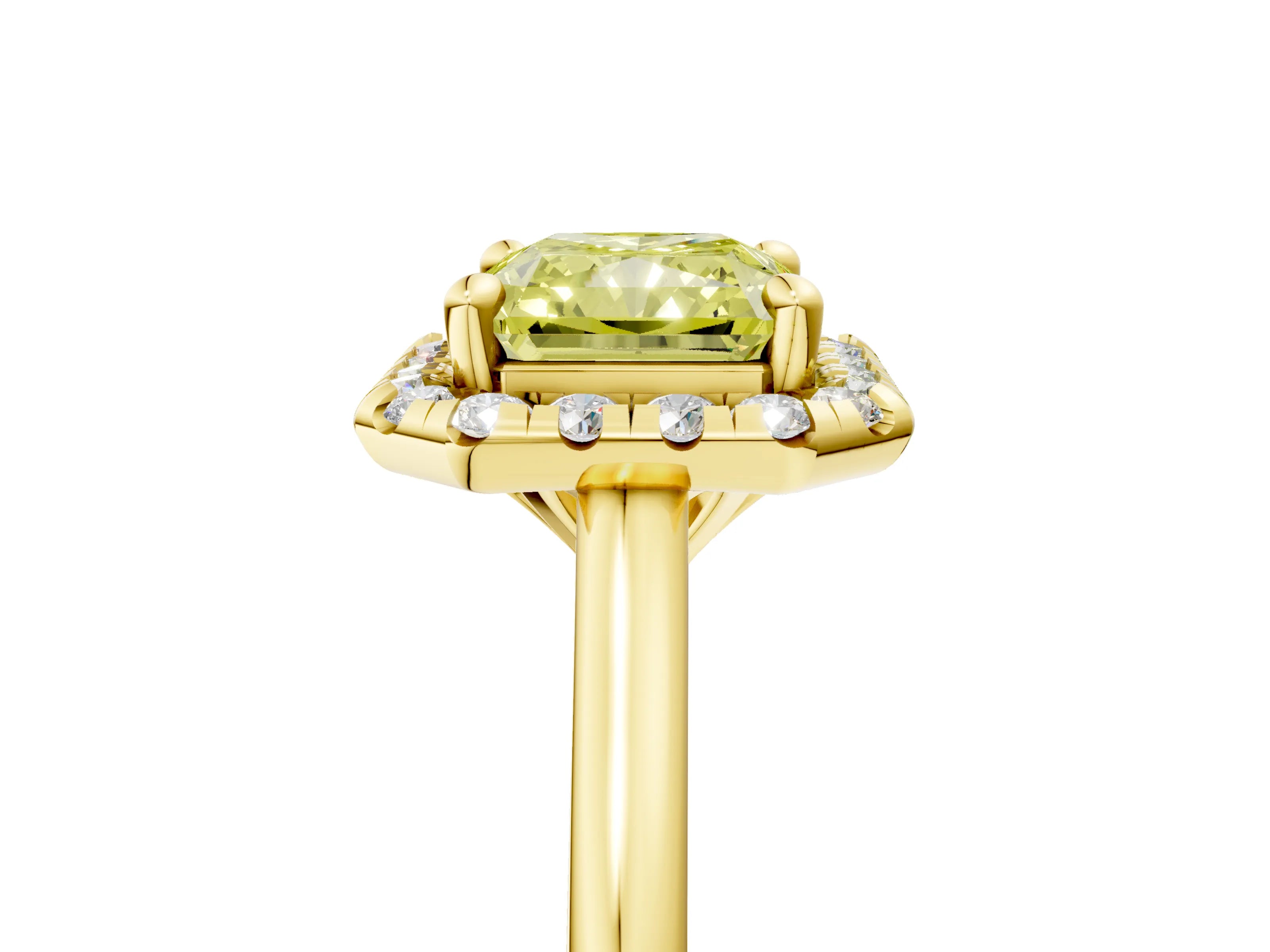 Yellow gold Fancy Yellow Radiant Cut Halo Round Diamond Solitaire Engagement Ring with Pave Band and Four-Prong Setting_17