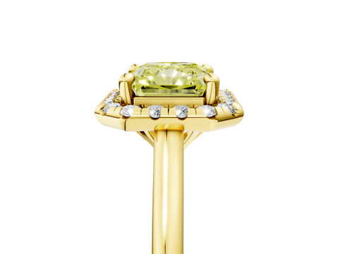 Yellow gold Fancy Yellow Radiant Cut Halo Round Diamond Solitaire Engagement Ring with Pave Band and Four-Prong Setting_5