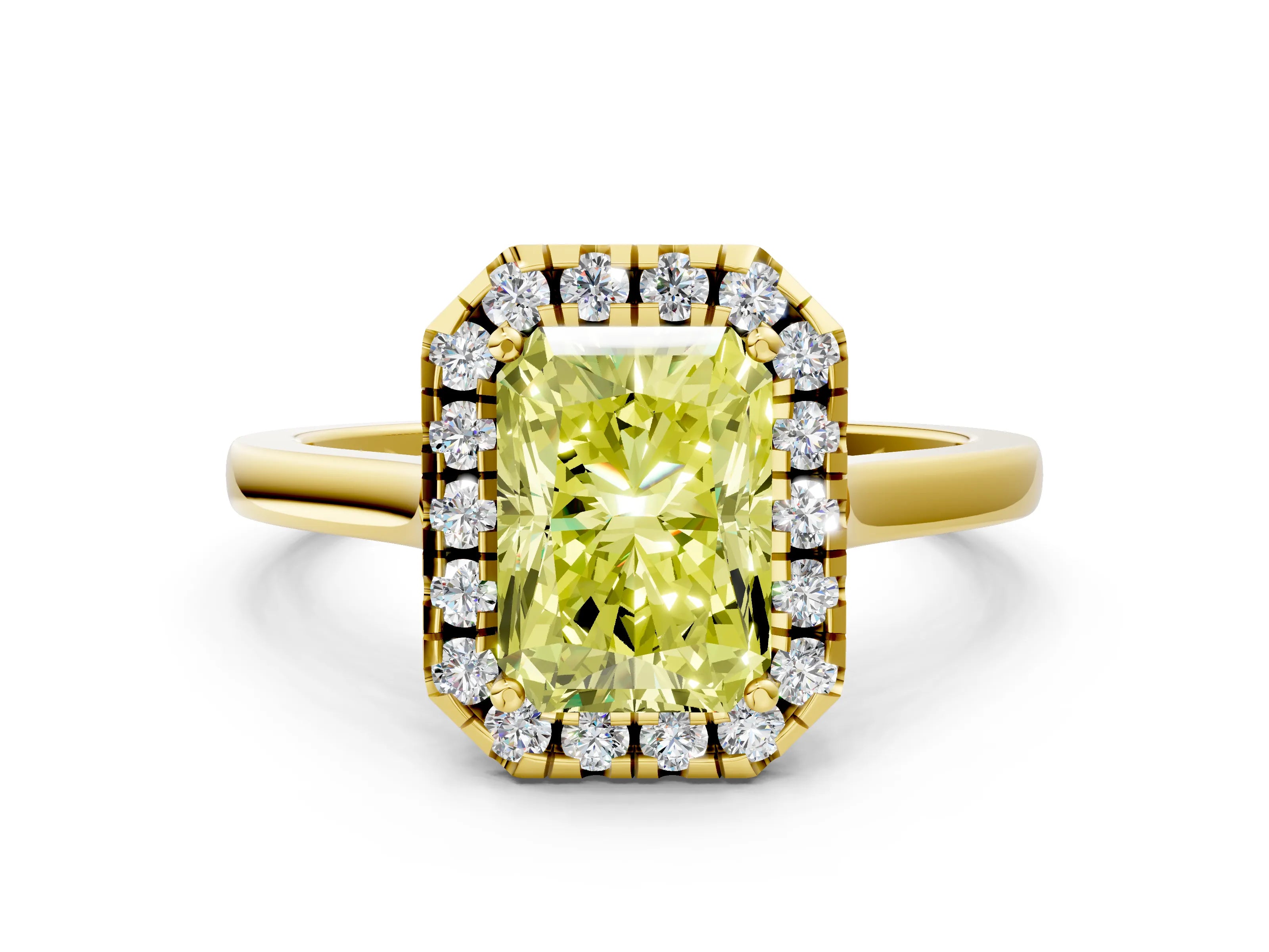 Yellow gold Fancy Yellow Radiant Cut Halo Round Diamond Solitaire Ring with Pavé Band and Four-Prong Setting