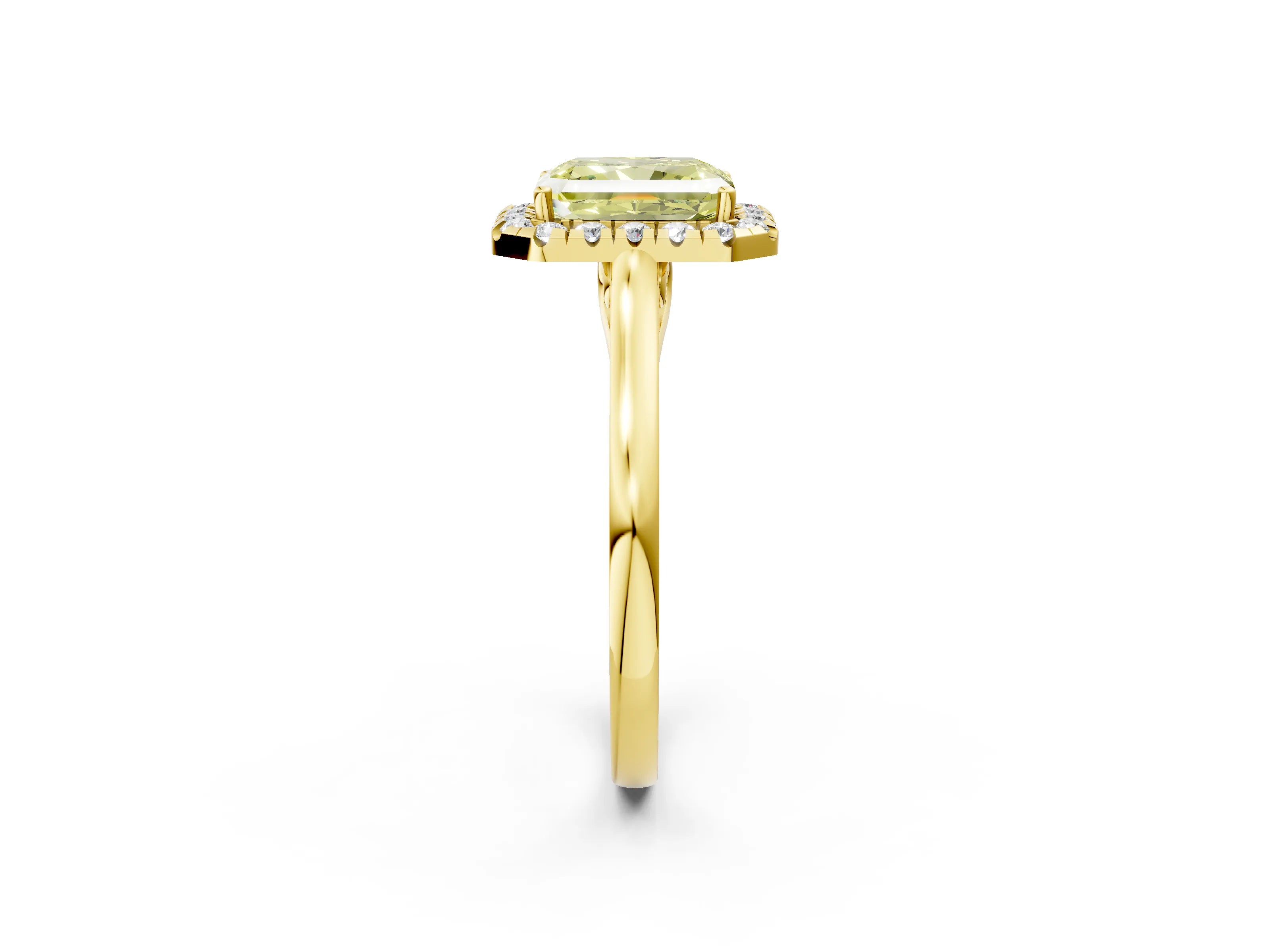 Yellow gold Fancy Yellow Radiant Cut Halo Round Diamond Solitaire Ring with Pavé Band and Four-Prong Setting_14