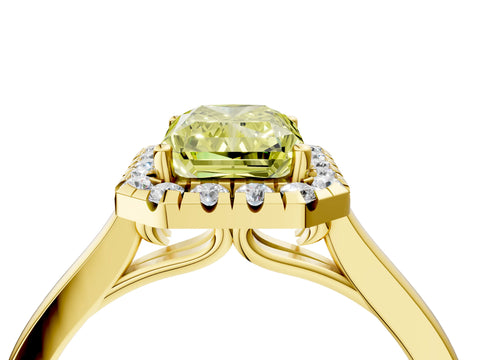 Yellow gold Fancy Yellow Radiant Cut Halo Round Diamond Solitaire Ring with Pavé Band and Four-Prong Setting_16