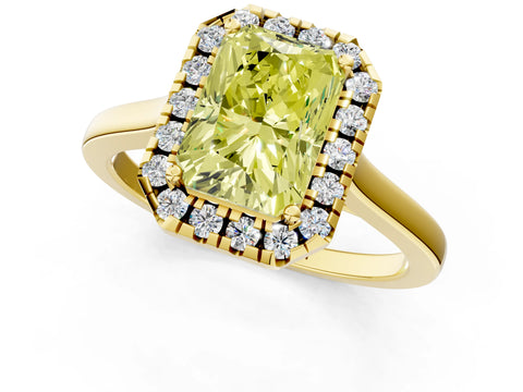 Yellow gold Fancy Yellow Radiant Cut Halo Round Diamond Solitaire Ring with Pavé Band and Four-Prong Setting_1
