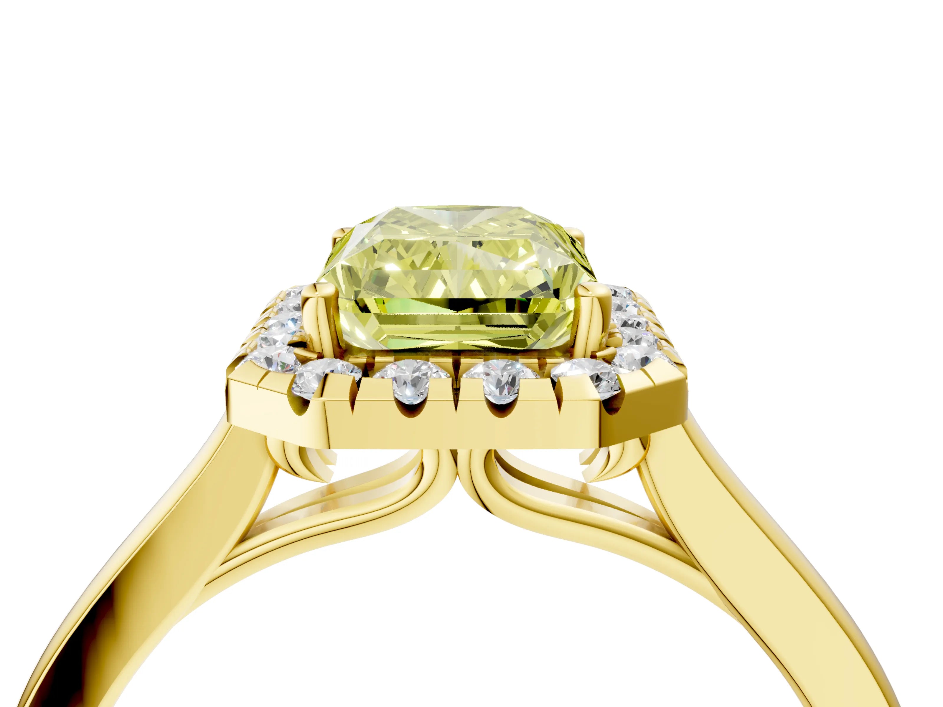 Yellow gold Fancy Yellow Radiant Cut Halo Round Diamond Solitaire Ring with Pavé Band and Four-Prong Setting_4