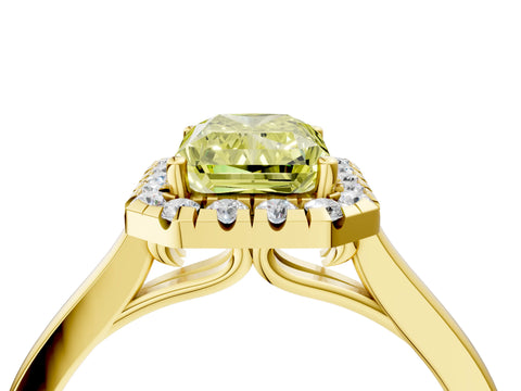 Yellow gold Fancy Yellow Radiant Cut Halo Round Diamond Solitaire Ring with Pavé Band and Four-Prong Setting_4