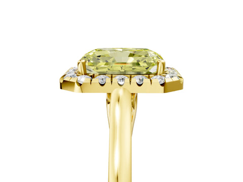 Yellow gold Fancy Yellow Radiant Cut Halo Round Diamond Solitaire Ring with Pavé Band and Four-Prong Setting_5
