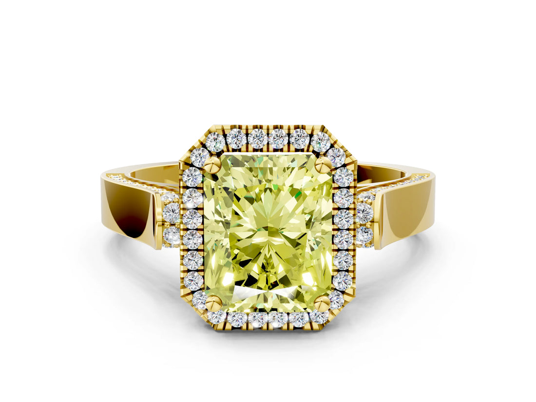 Yellow gold Fancy Yellow Radiant Cut Halo Round Diamond Twist Band with Four-Prong Setting