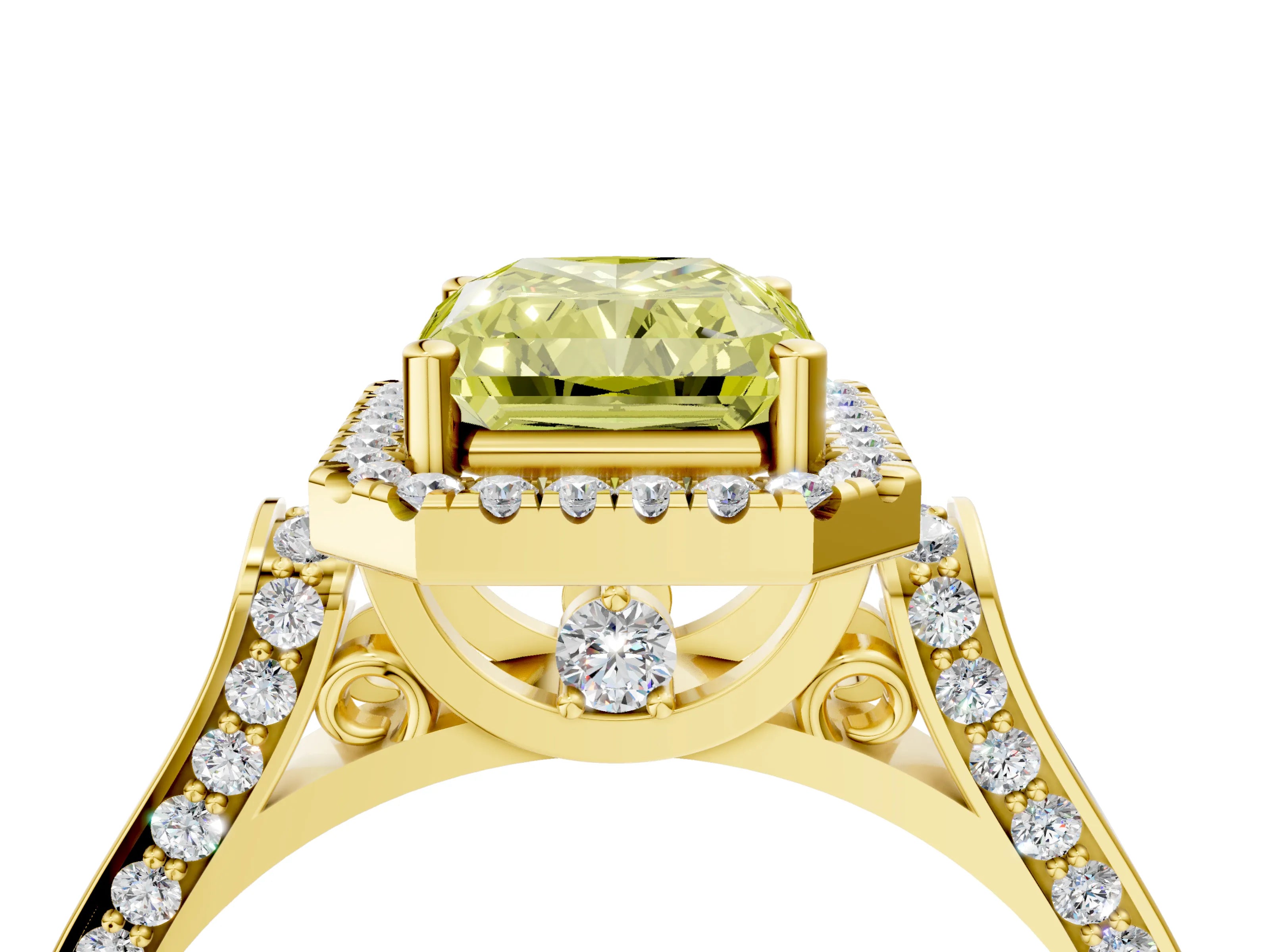 Yellow gold Fancy Yellow Radiant Cut Halo Round Diamond Twist Band with Four-Prong Setting_4
