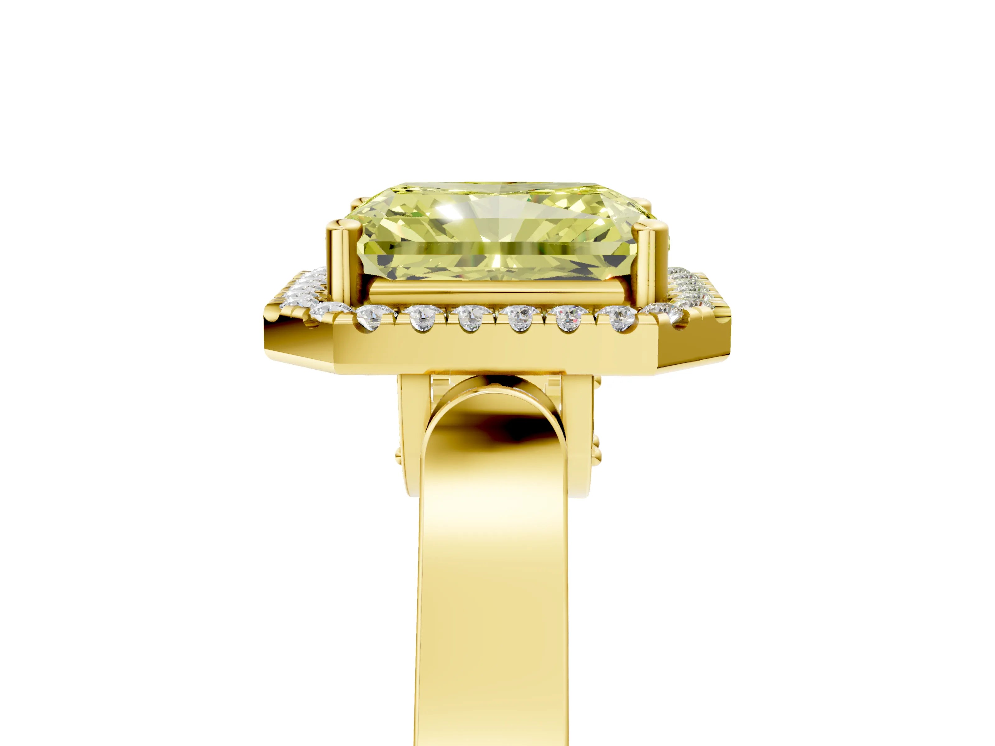 Yellow gold Fancy Yellow Radiant Cut Halo Round Diamond Twist Band with Four-Prong Setting_5