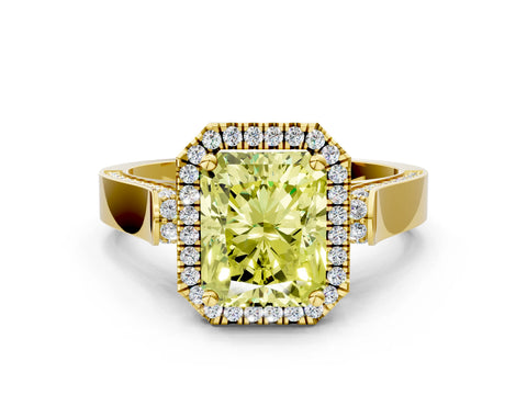 Yellow gold Fancy Yellow Radiant Cut Halo Round Diamond Twist Band with Four-Prong Setting