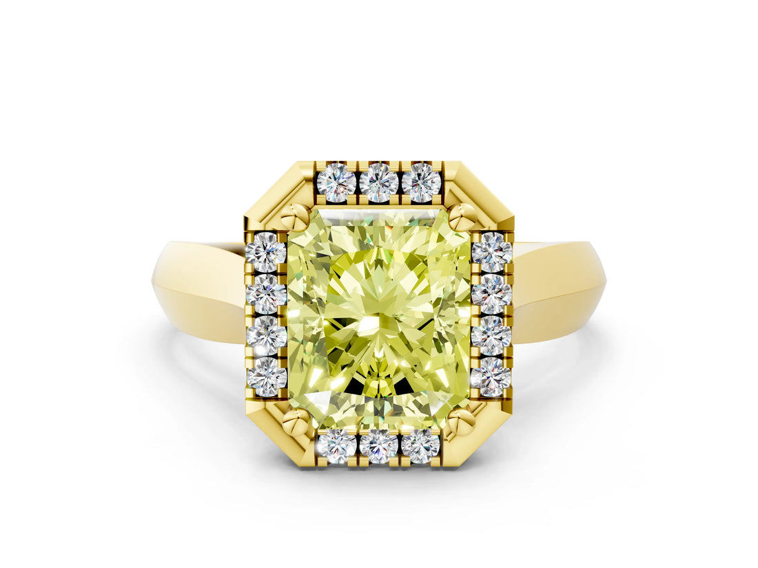 Yellow gold Fancy Yellow Radiant  Cut Halo Solitaire Engagement Ring with Square Band and Four-Prong Setting_12