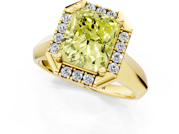 Yellow gold Fancy Yellow Radiant  Cut Halo Solitaire Engagement Ring with Square Band and Four-Prong Setting