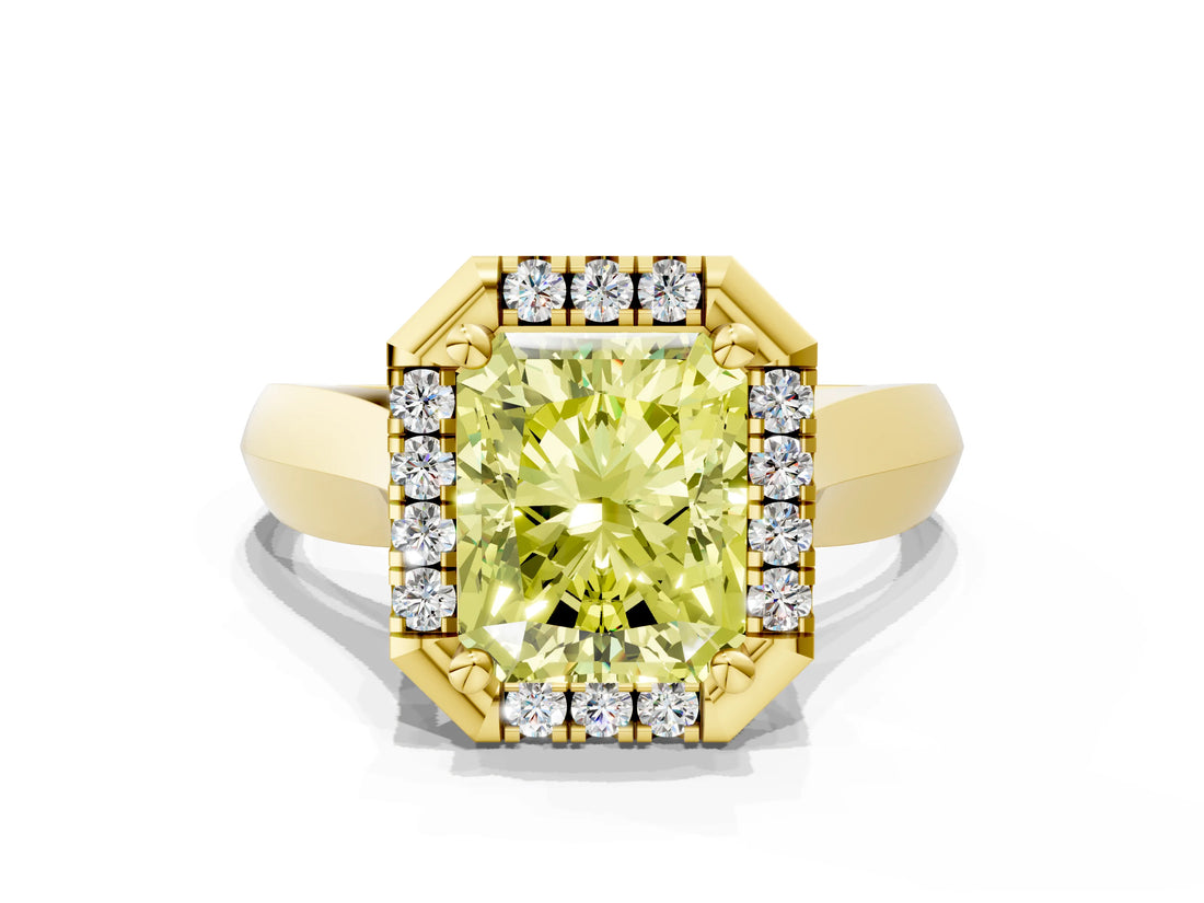 Yellow gold Fancy Yellow Radiant  Cut Halo Solitaire Engagement Ring with Square Band and Four-Prong Setting_66