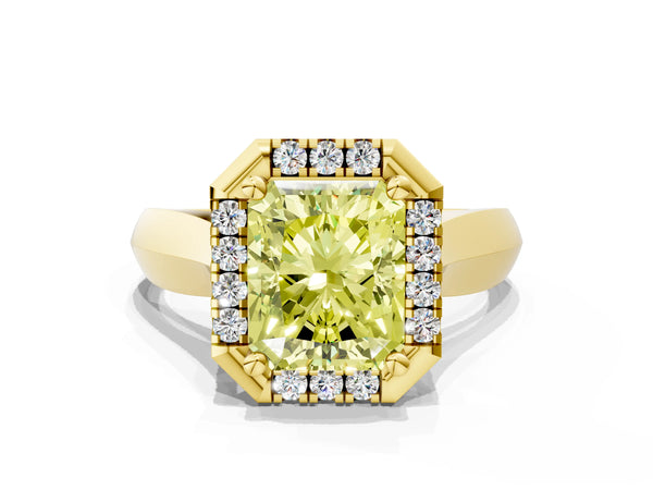 Yellow gold Fancy Yellow Radiant  Cut Halo Solitaire Engagement Ring with Square Band and Four-Prong Setting