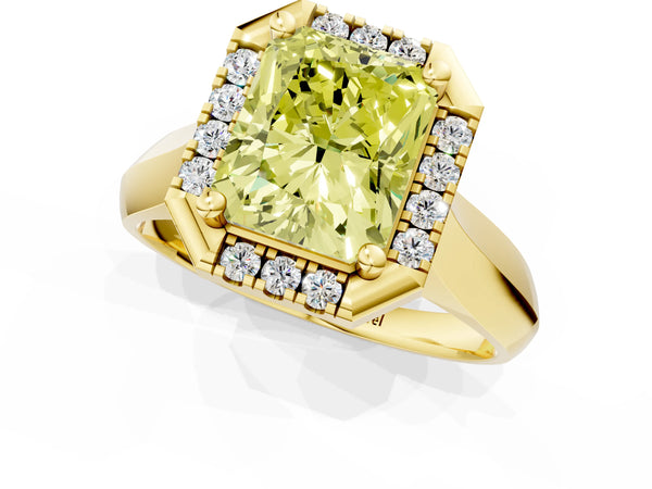 Yellow gold Fancy Yellow Radiant  Cut Halo Solitaire Engagement Ring with Square Band and Four-Prong Setting