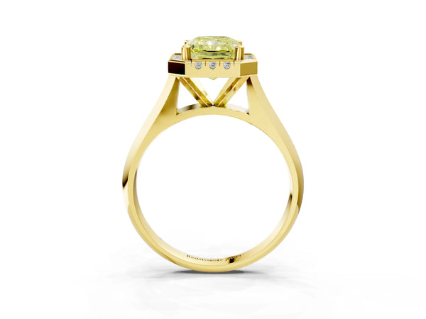 Yellow gold Fancy Yellow Radiant  Cut Halo Solitaire Engagement Ring with Square Band and Four-Prong Setting