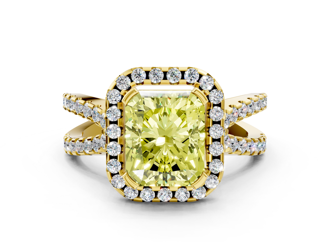 Yellow gold Fancy Yellow Radiant  Cut Halo Split Shank Pave Set Ring_62