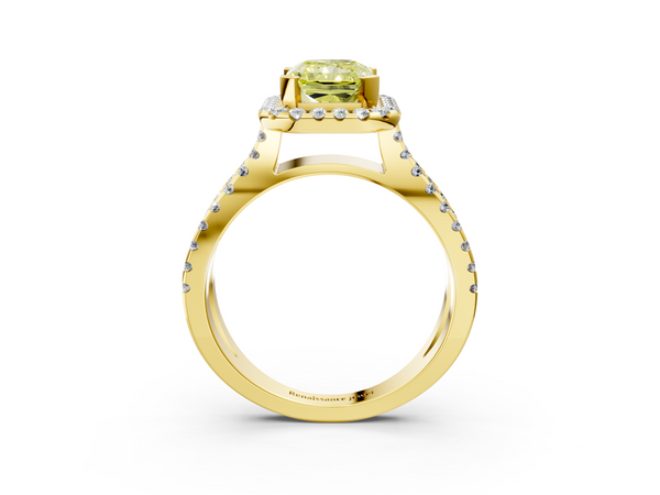 Yellow gold Fancy Yellow Radiant Cut Diamond Halo Ring with Split Shank Pavé Band and Prong Setting