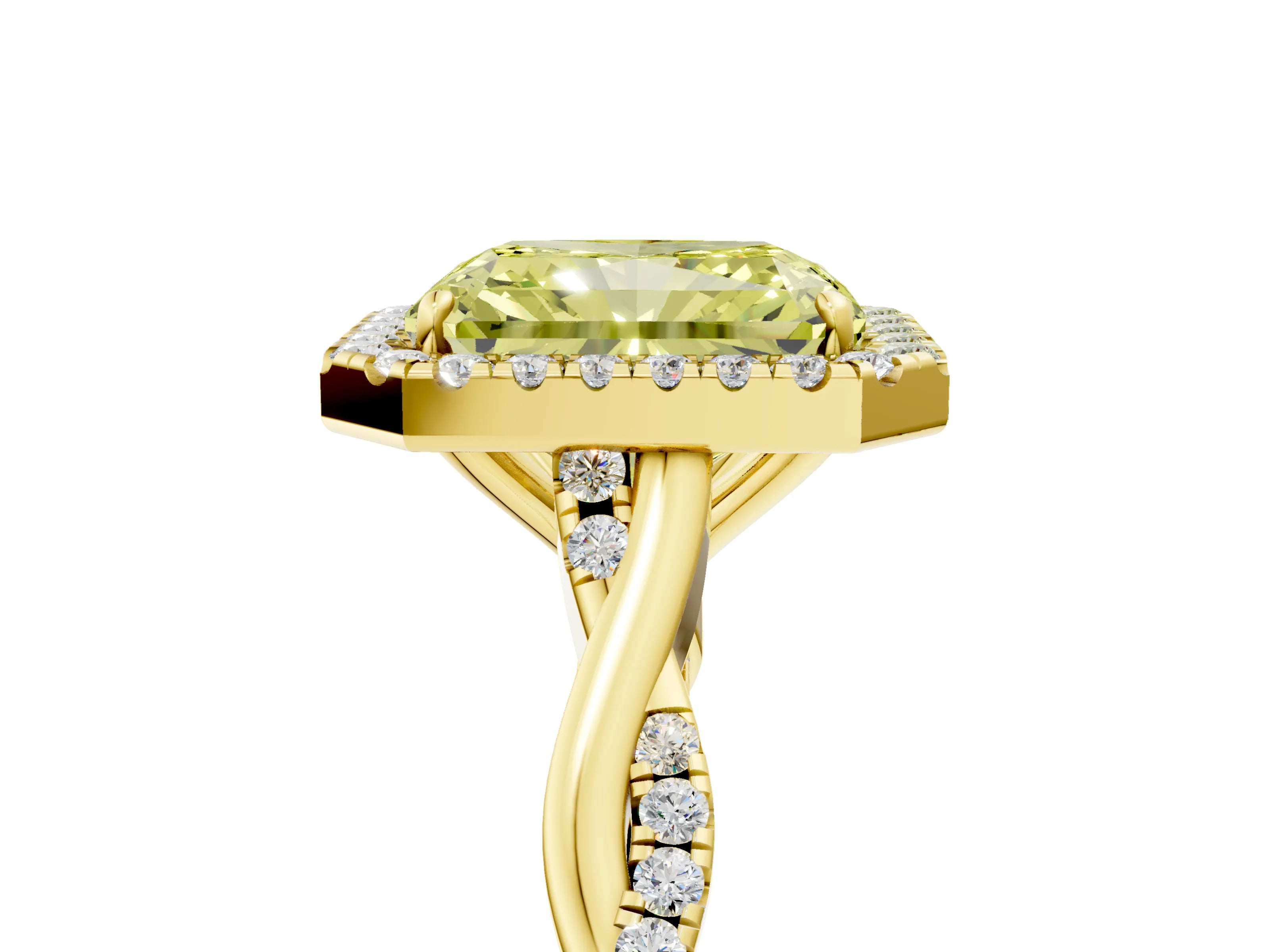 Yellow gold Fancy Yellow Radiant Cut Halo Twist Band with Four-Prong Setting_17
