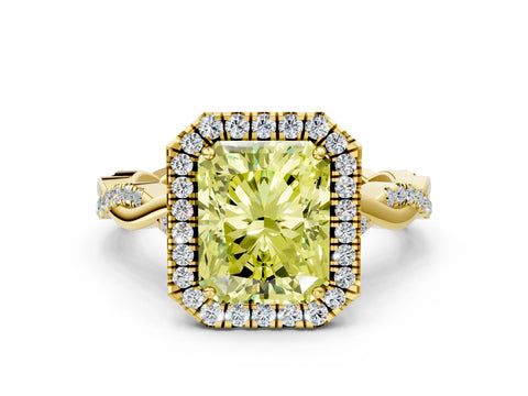 Yellow gold Fancy Yellow Radiant Cut Halo Twist Band with Four-Prong Setting