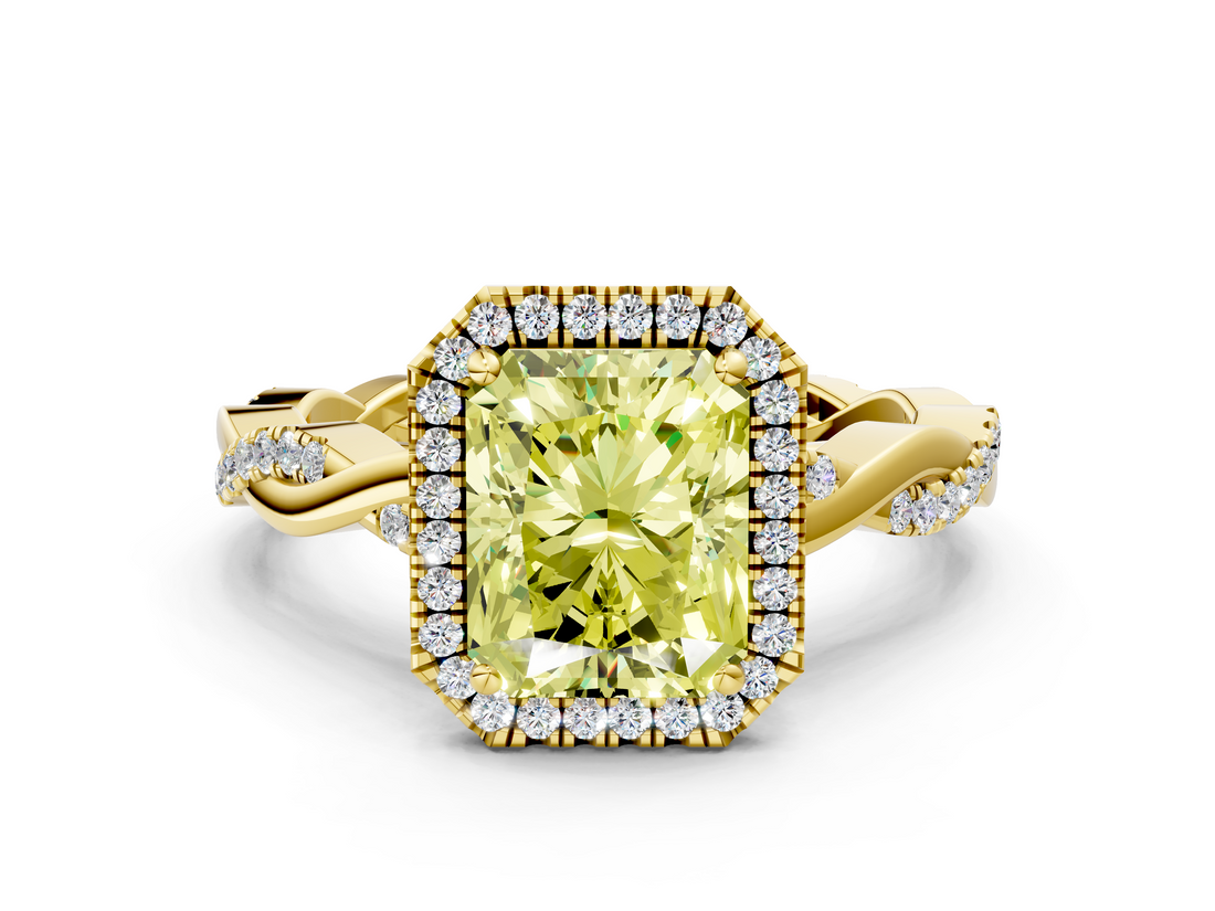 Yellow gold Fancy Yellow Radiant  Cut Halo Twisted Band Four-Prong Ring_19