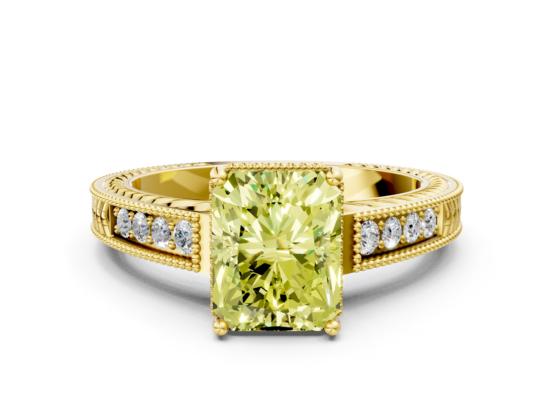 Yellow gold Fancy Yellow Radiant  Cut Milgrain Channel Set Engagement Ring with Solitaire Prong Setting_62