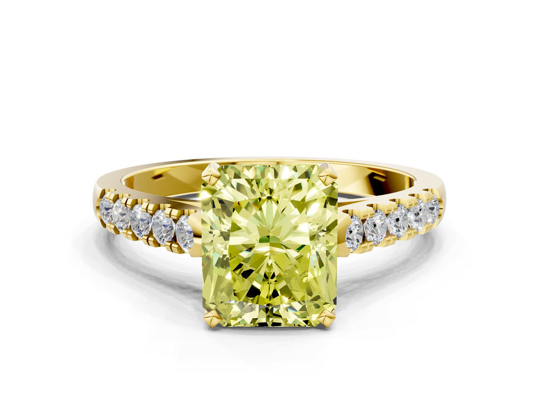 Yellow gold Fancy Yellow Radiant  Cut Pavé Band Solitaire Ring with Four-Prong Setting_43