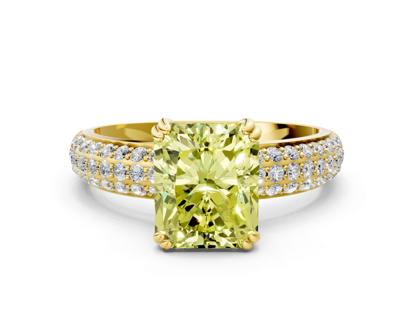 Yellow gold Fancy Yellow Radiant  Cut Pave Diamond Engagement Ring with Channel Set Band and Four-Prong Setting