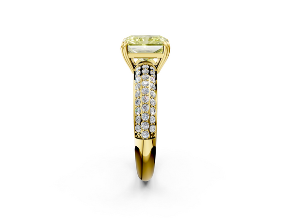 Yellow gold Fancy Yellow Radiant  Cut Pave Diamond Engagement Ring with Channel Set Band and Four-Prong Setting