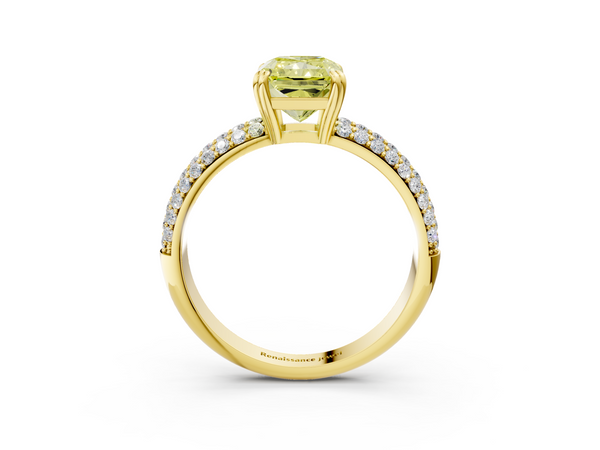 Yellow gold Fancy Yellow Radiant  Cut Pave Diamond Engagement Ring with Channel Set Band and Four-Prong Setting