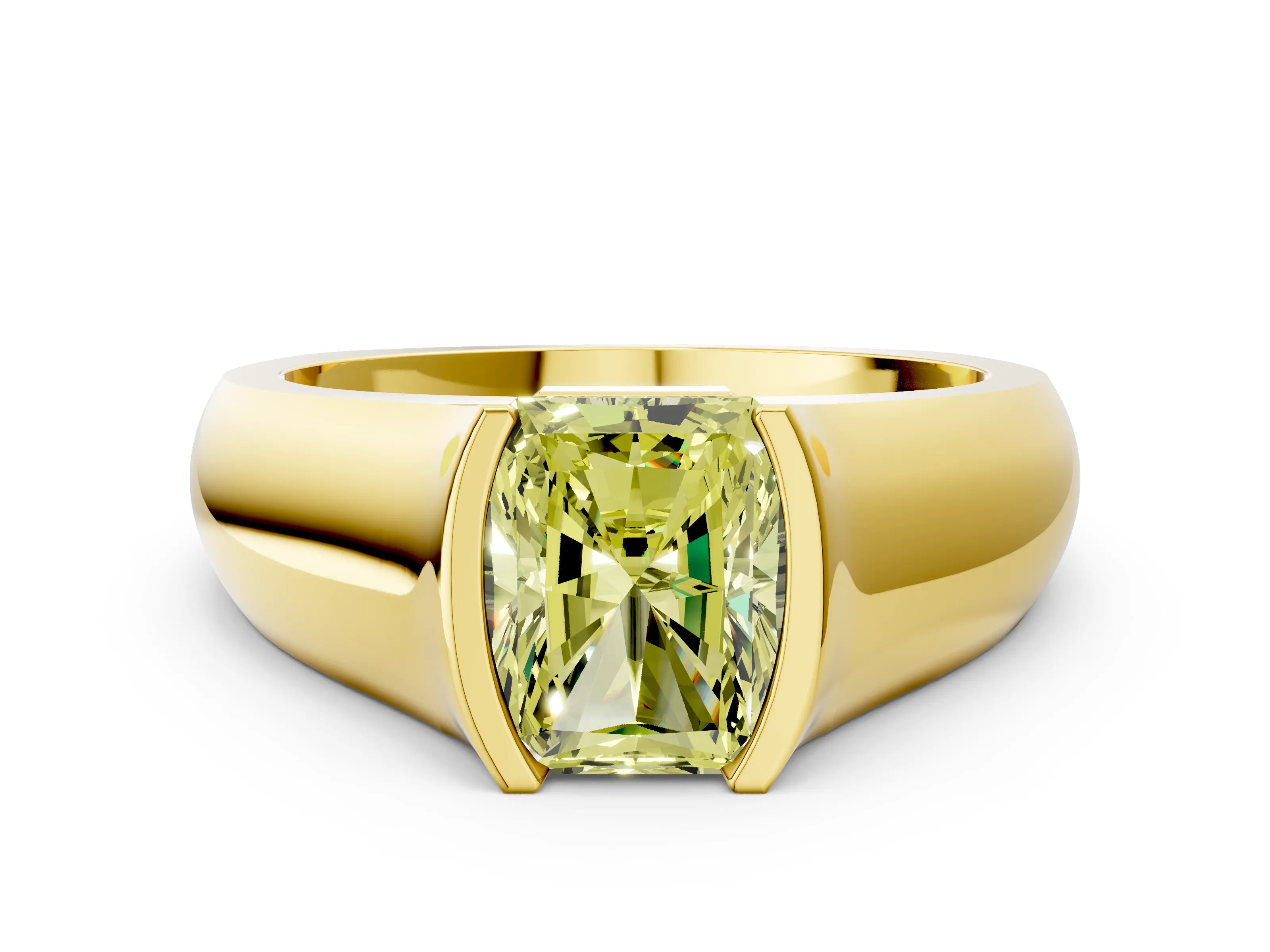 Yellow gold Fancy Yellow Radiant Cut Solitaire Bezel Set Diamond Ring with Wide Band