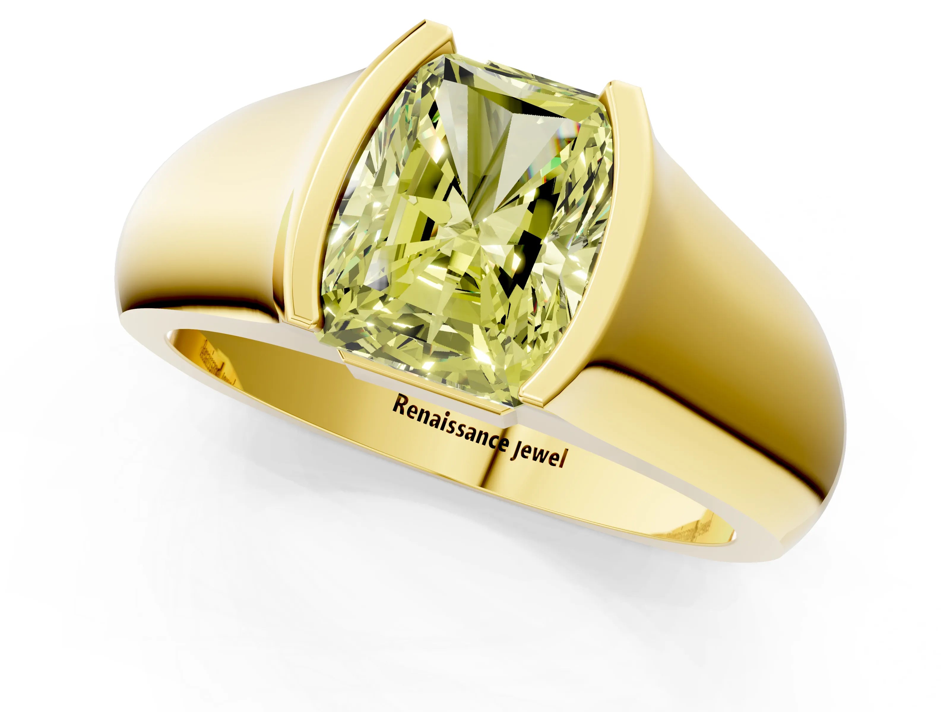 Yellow gold Fancy Yellow Radiant Cut Solitaire Bezel Set Diamond Ring with Wide Band_1
