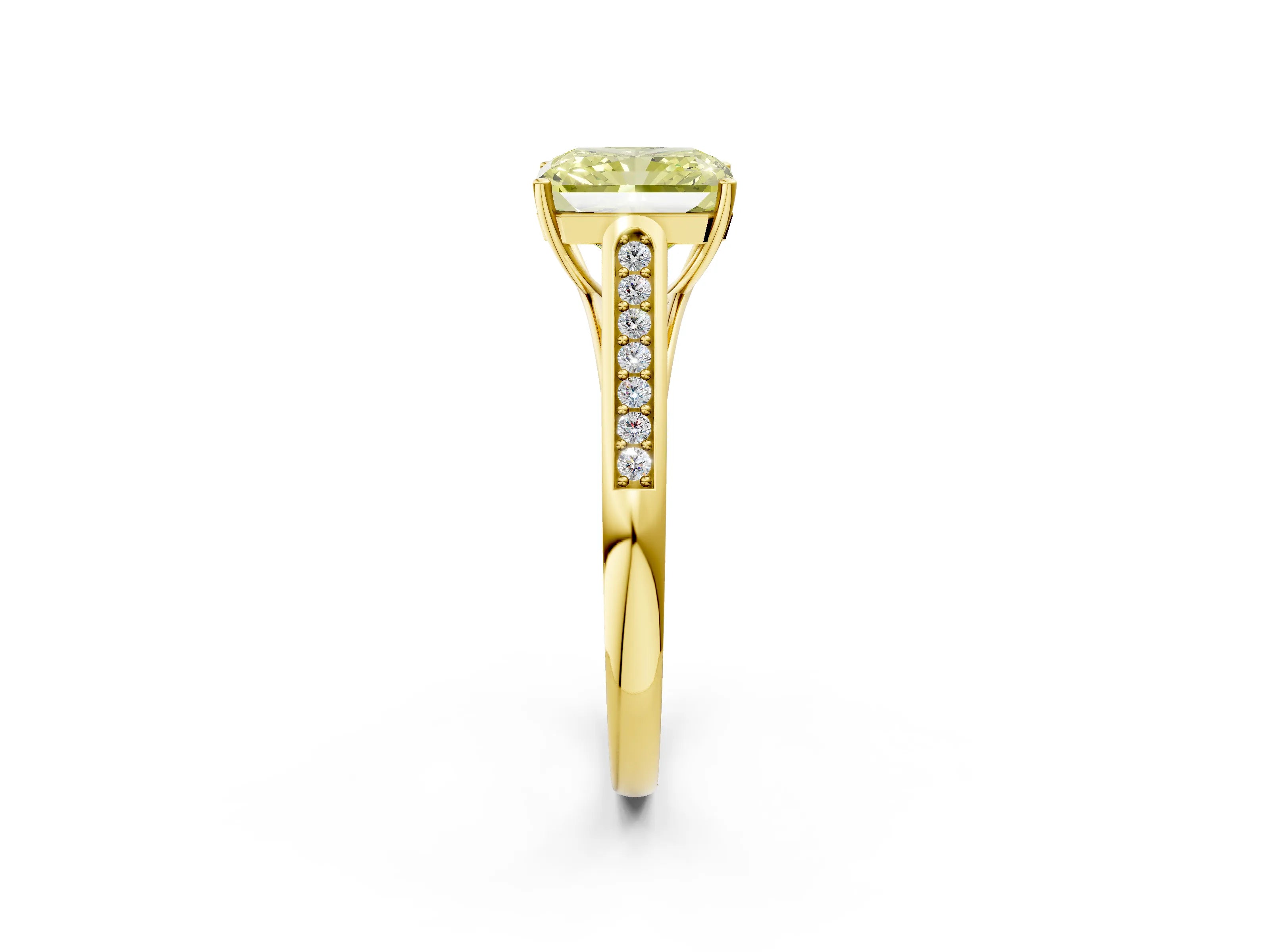 Yellow gold Fancy Yellow Radiant Cut Solitaire Cathedral Diamond Engagement Ring with Channel-Set Band and Four-Prong Setting_5