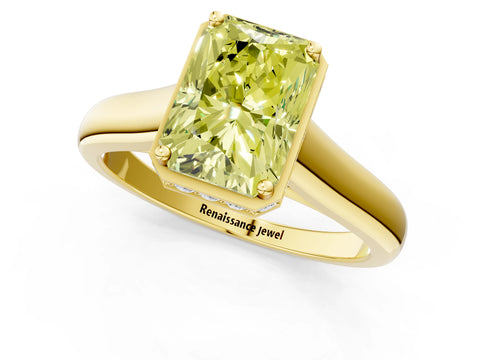 Yellow gold Fancy Yellow Radiant Cut Solitaire Diamond Engagement Ring with Four-Prong Setting and Tapered Band_1