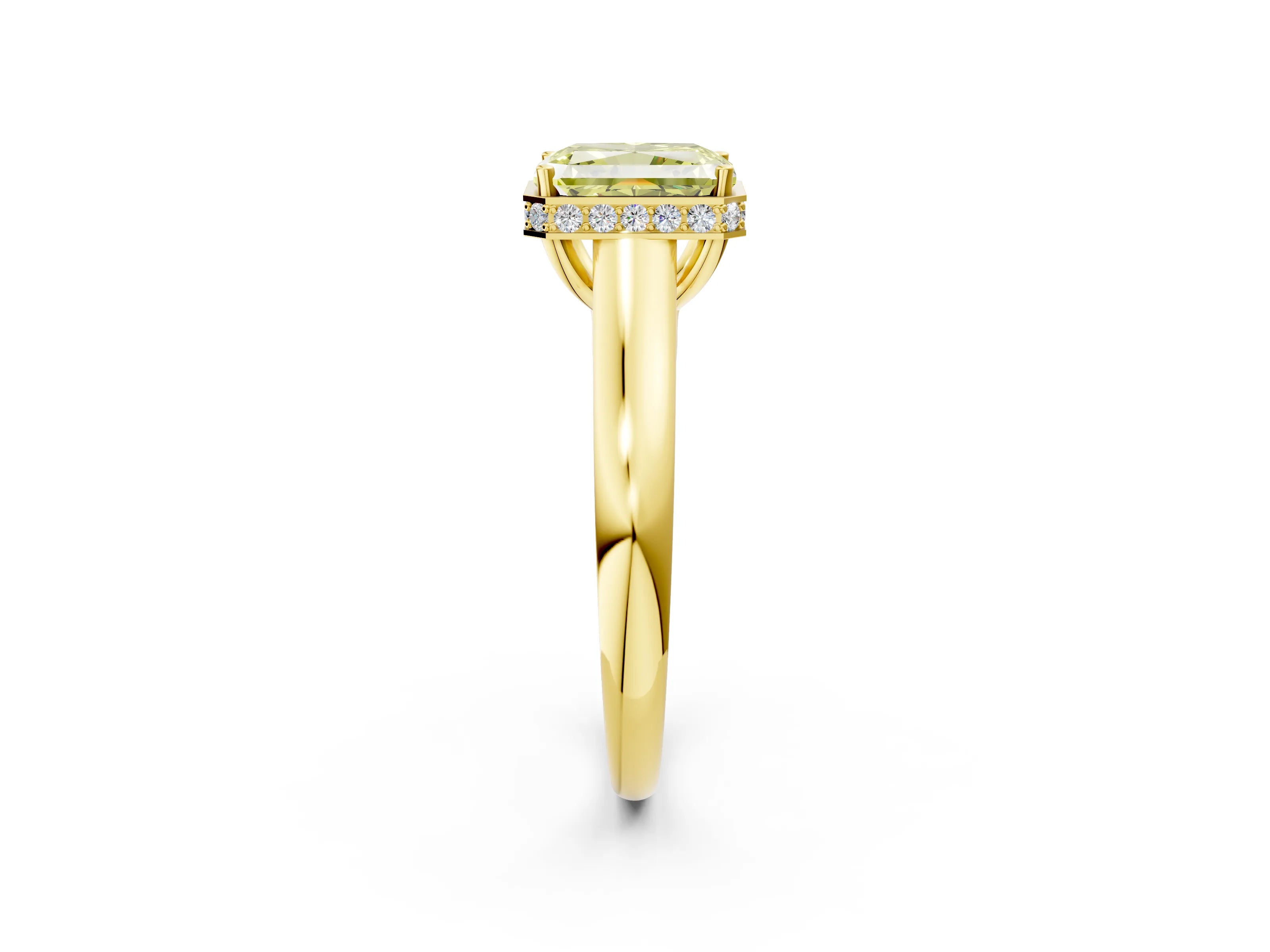 Yellow gold Fancy Yellow Radiant Cut Solitaire Diamond Engagement Ring with Four-Prong Setting and Tapered Band_2