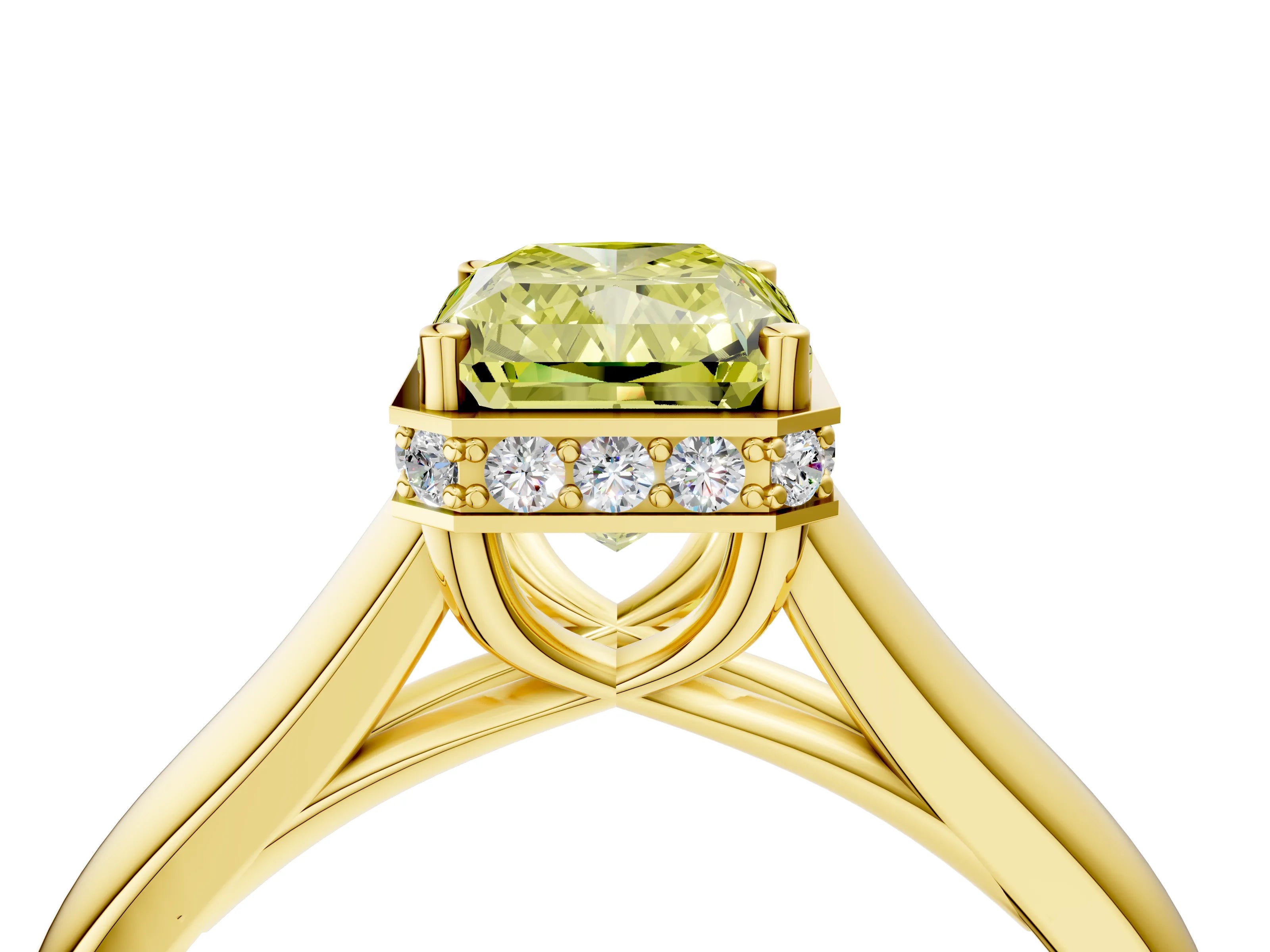 Yellow gold Fancy Yellow Radiant Cut Solitaire Diamond Engagement Ring with Four-Prong Setting and Tapered Band_4