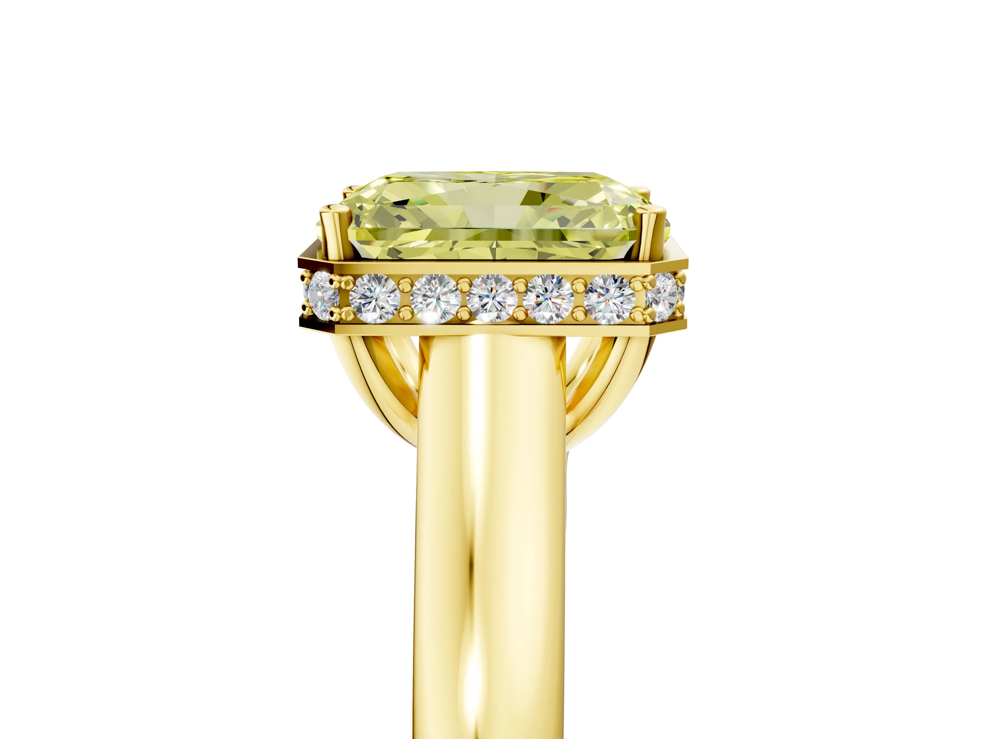 Yellow gold Fancy Yellow Radiant Cut Solitaire Diamond Engagement Ring with Four-Prong Setting and Tapered Band_5