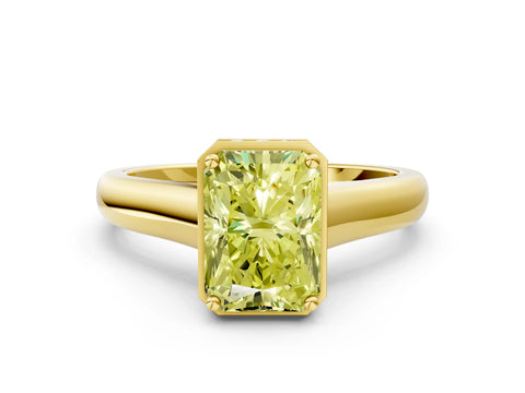 Yellow gold Fancy Yellow Radiant Cut Solitaire Diamond Engagement Ring with Four-Prong Setting and Tapered Band