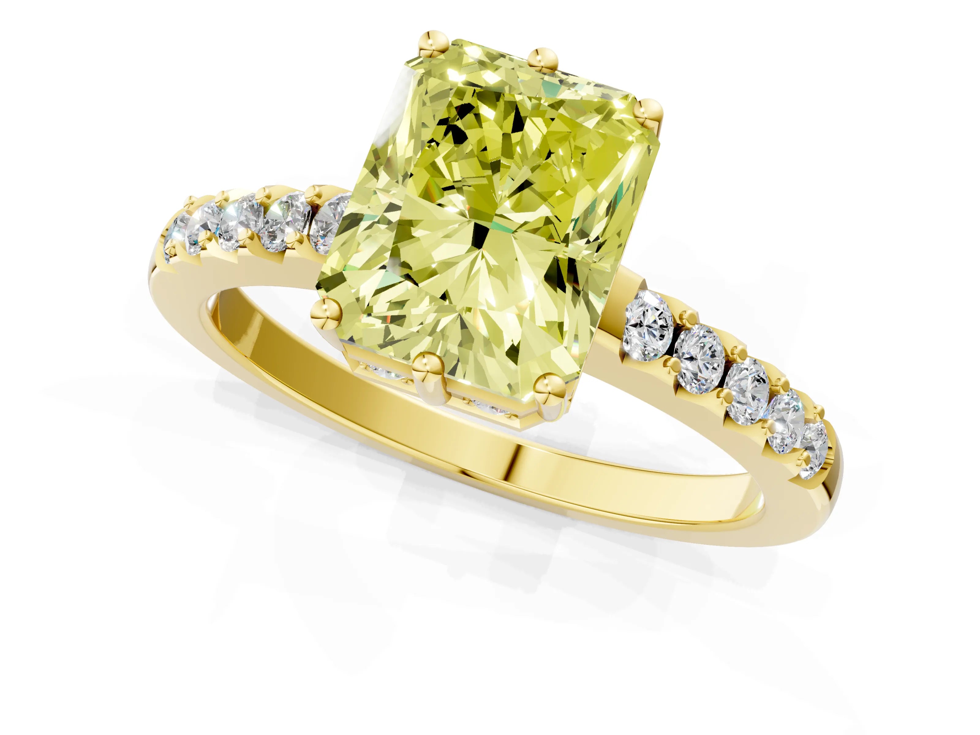 Yellow gold Fancy Yellow Radiant Cut Solitaire Diamond Engagement Ring with Pavé Band and Six-Prong Setting_13