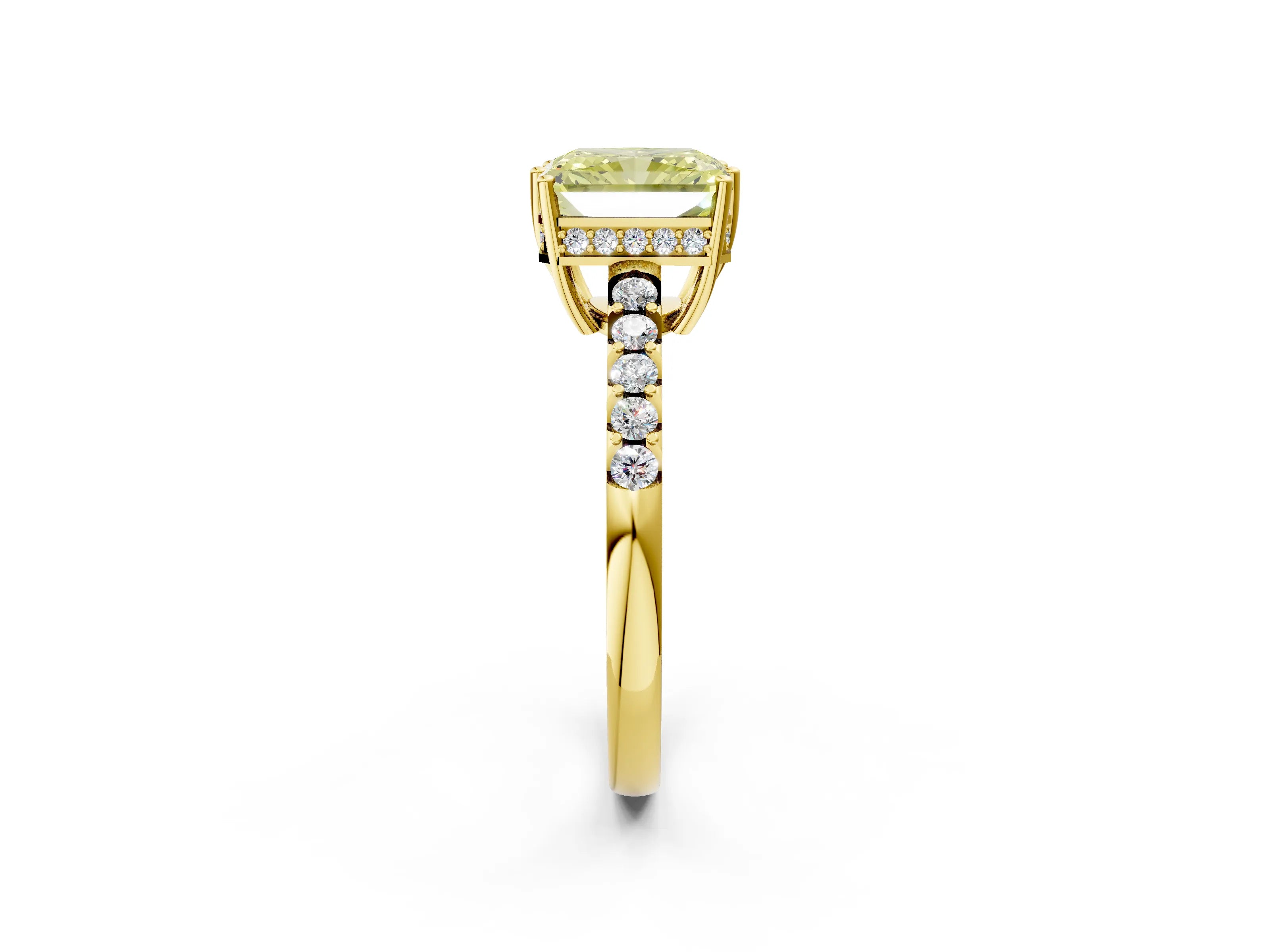 Yellow gold Fancy Yellow Radiant Cut Solitaire Diamond Engagement Ring with Pavé Band and Six-Prong Setting_14