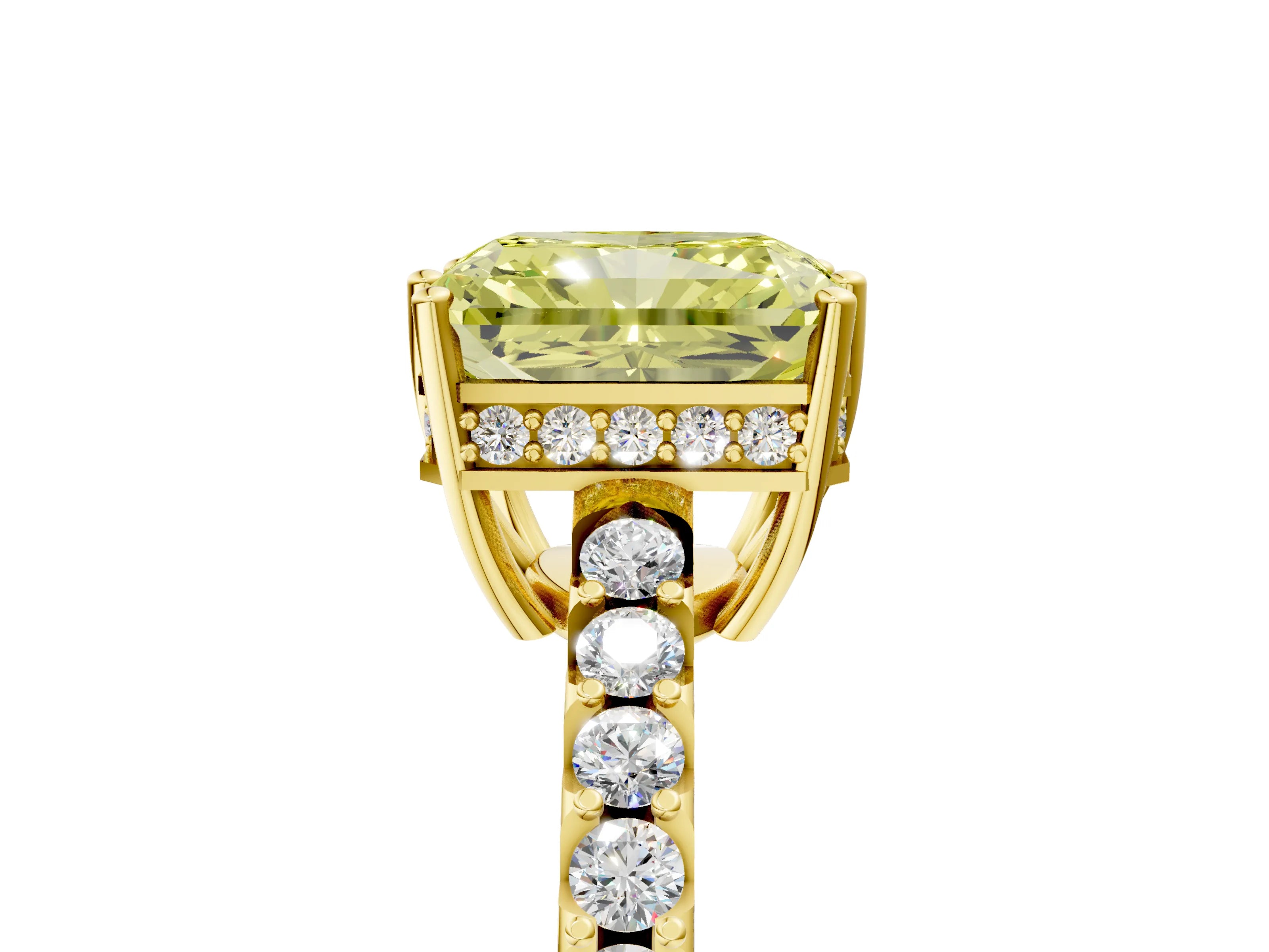 Yellow gold Fancy Yellow Radiant Cut Solitaire Diamond Engagement Ring with Pavé Band and Six-Prong Setting_17
