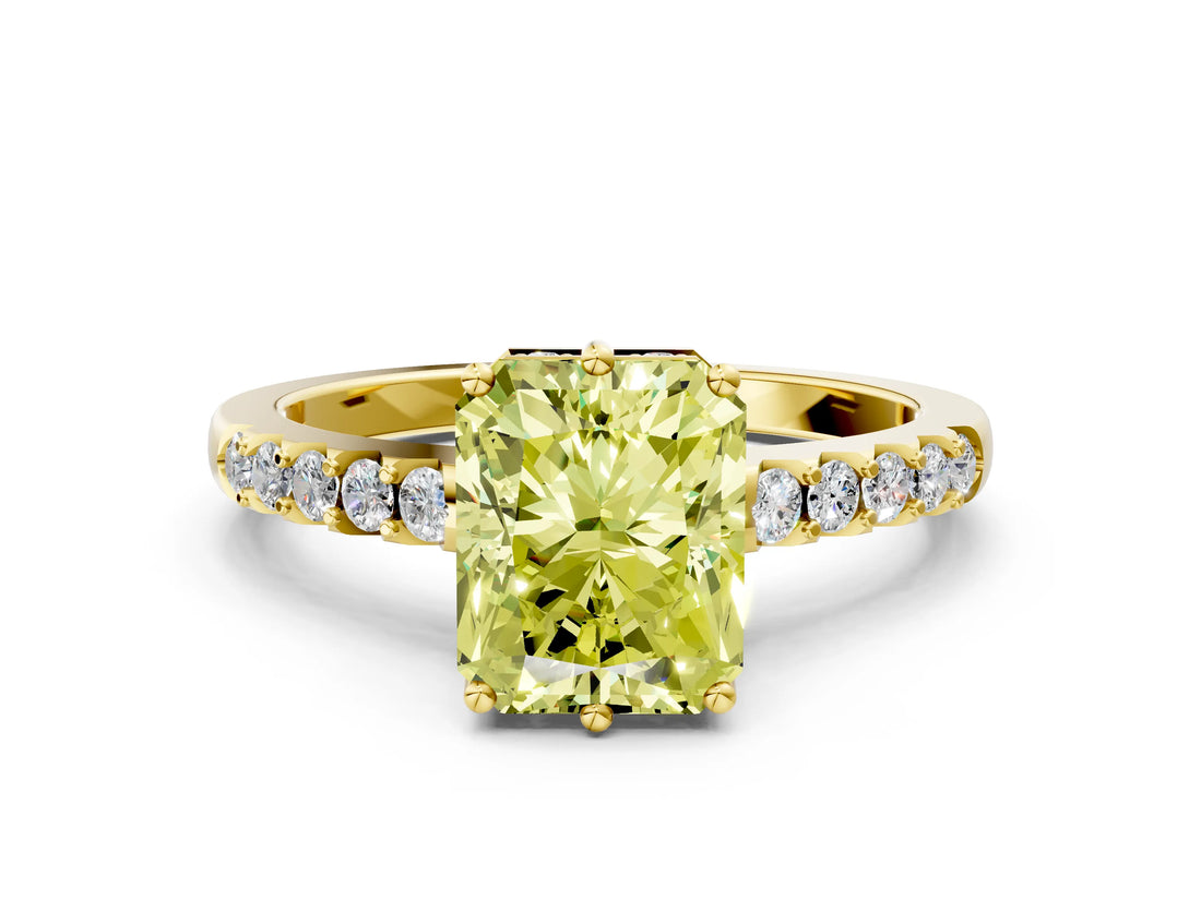 Yellow gold Fancy Yellow Radiant Cut Solitaire Diamond Engagement Ring with Pavé Band and Six-Prong Setting_24