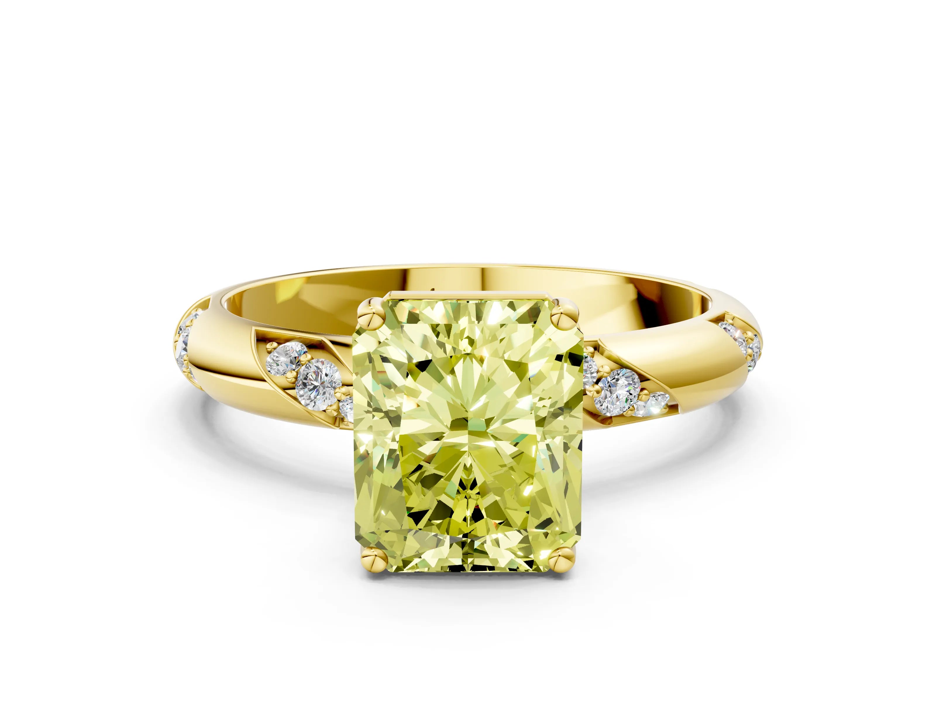 Yellow gold Fancy Yellow Radiant Cut Solitaire Diamond Engagement Ring with Twisted Pave Band and Four-Prong Setting_3