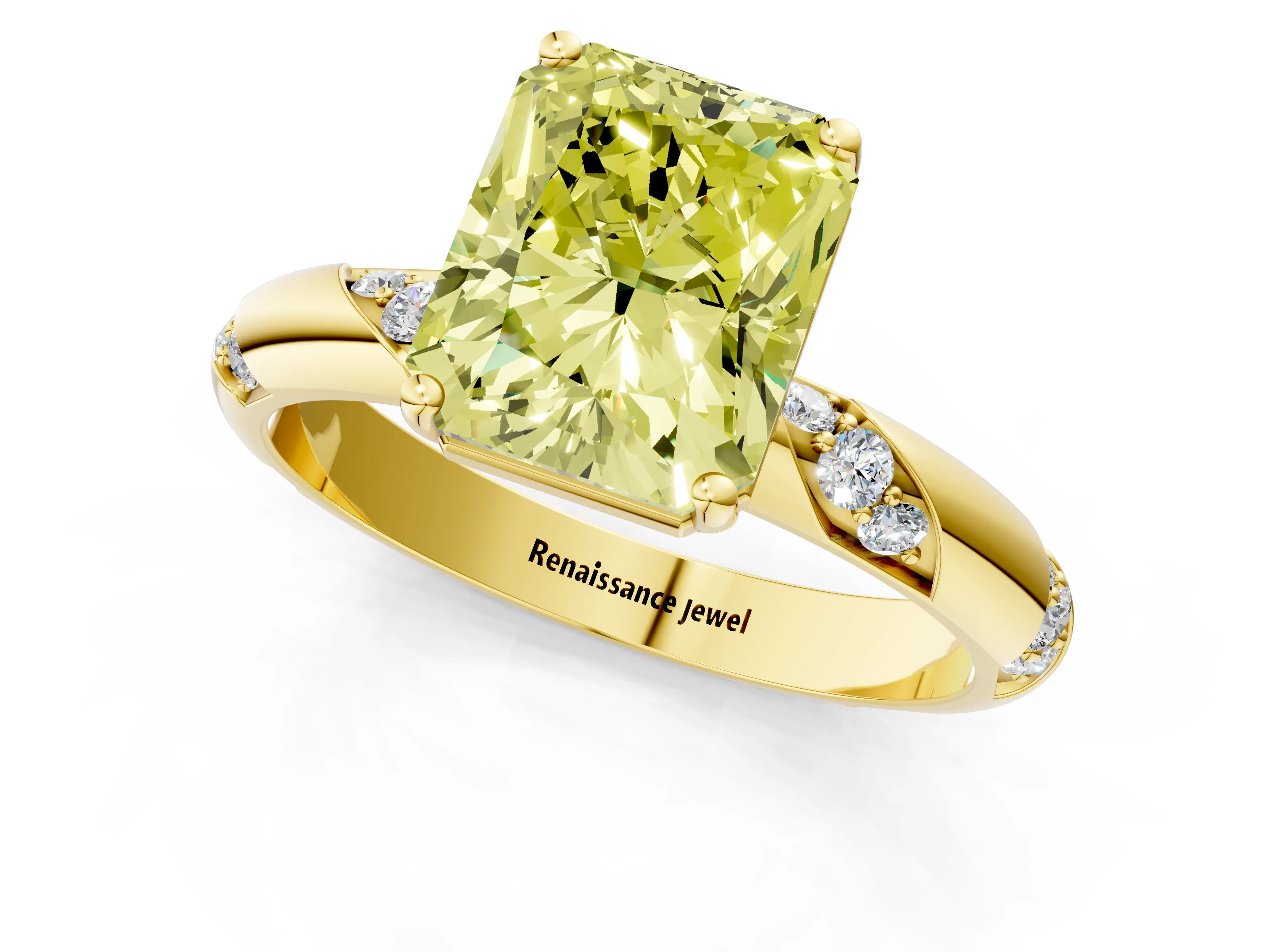 Yellow gold Fancy Yellow Radiant Cut Solitaire Diamond Engagement Ring with Twisted Pave Band and Four-Prong Setting_4