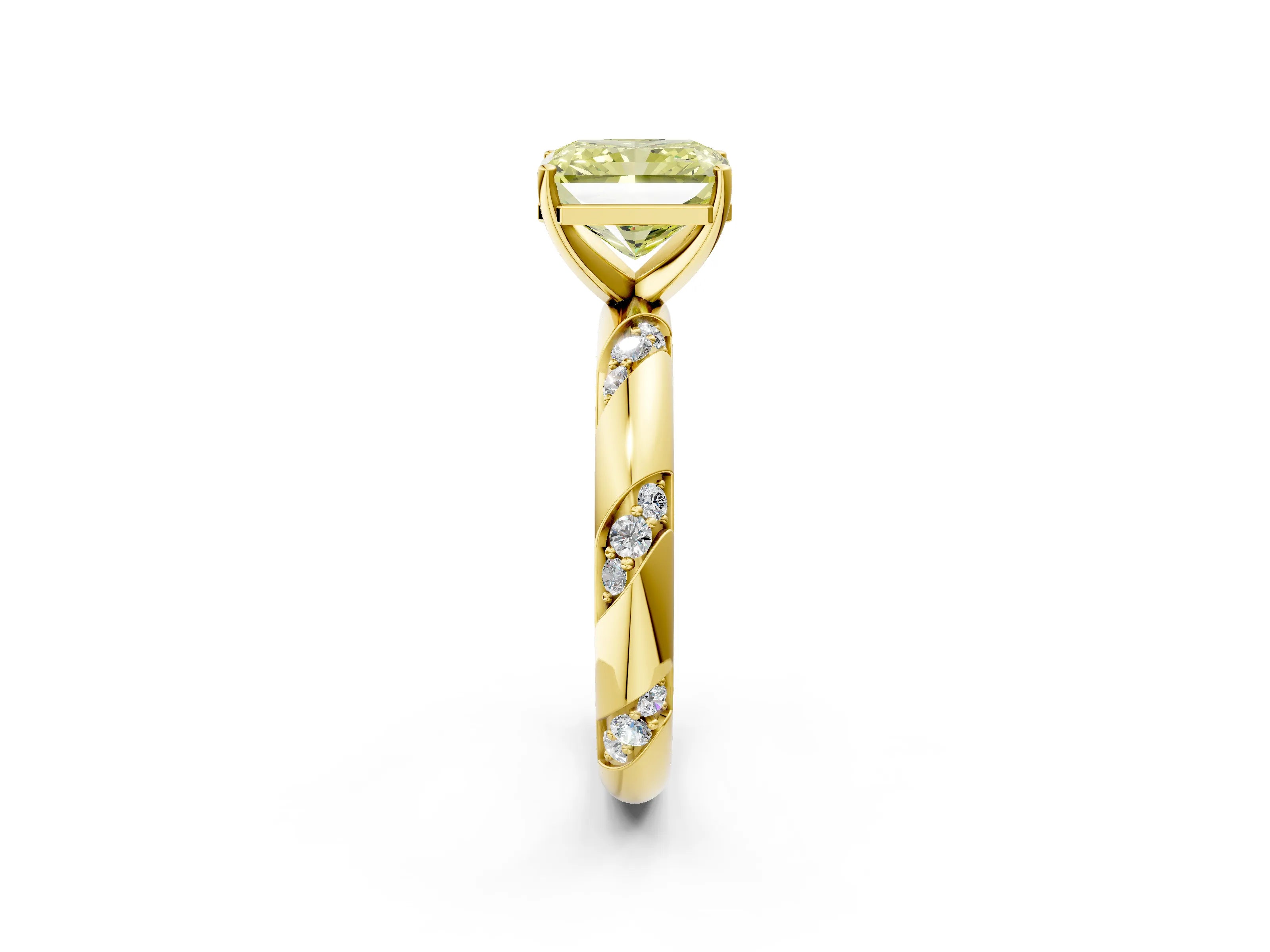 Yellow gold Fancy Yellow Radiant Cut Solitaire Diamond Engagement Ring with Twisted Pave Band and Four-Prong Setting_5