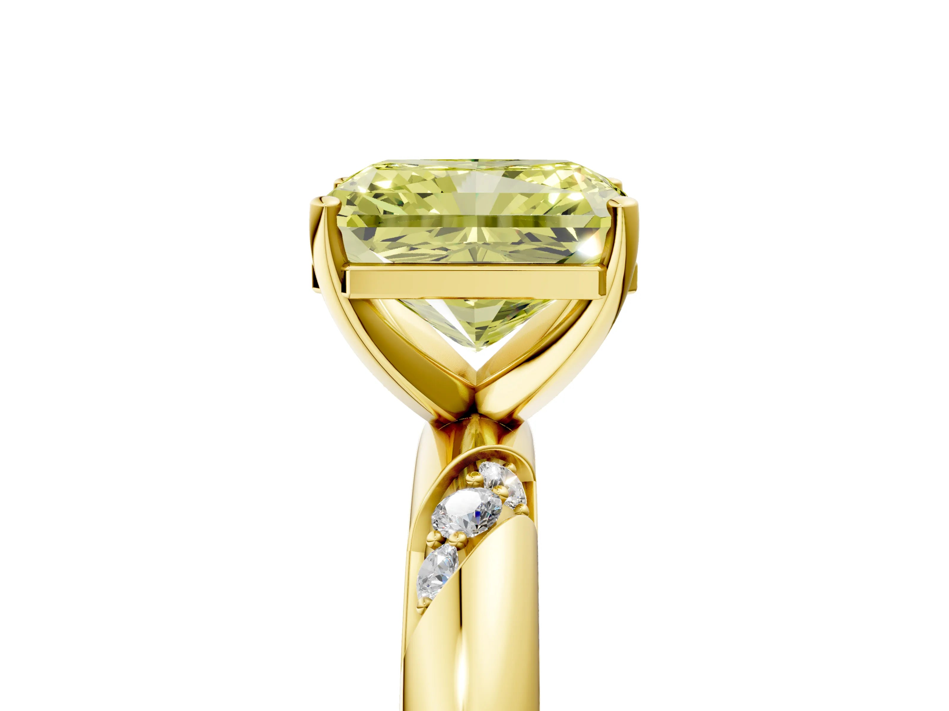 Yellow gold Fancy Yellow Radiant Cut Solitaire Diamond Engagement Ring with Twisted Pave Band and Four-Prong Setting_8