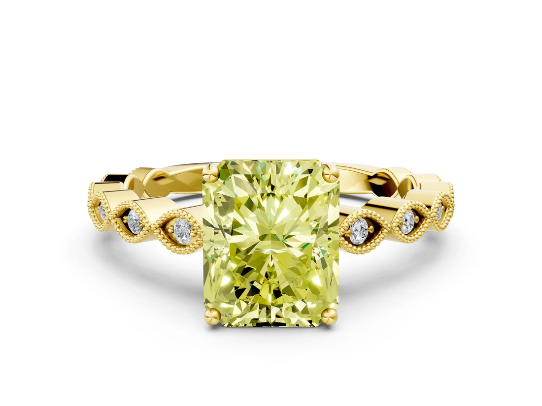 Yellow gold Fancy Yellow Radiant Cut Solitaire Diamond Ring with Infinity Twist Band and Four-Prong Setting
