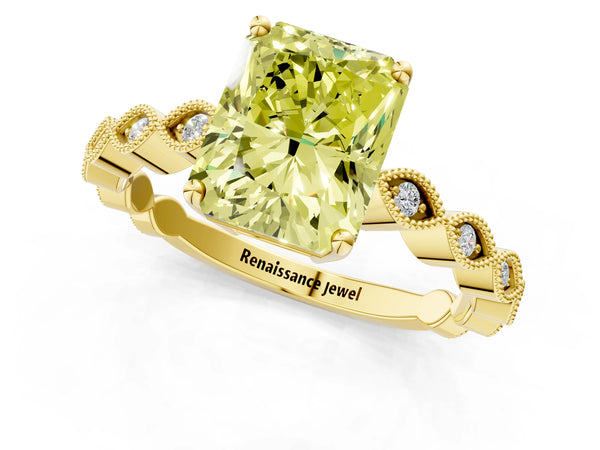 Yellow gold Fancy Yellow Radiant Cut Solitaire Diamond Ring with Infinity Twist Band and Four-Prong Setting