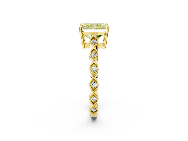 Yellow gold Fancy Yellow Radiant Cut Solitaire Diamond Ring with Infinity Twist Band and Four-Prong Setting